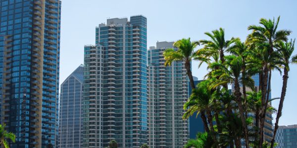 High apartment buildings with modern design, greenery on the foreground, sunny day in San Diego, USA